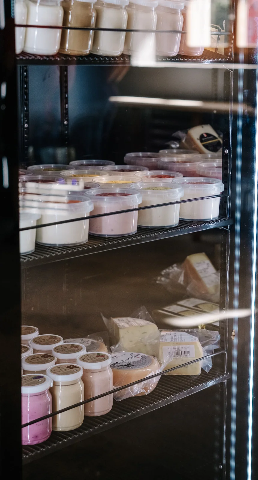 Vitrine réfrigérée avec yogourts, produits laitiers et boissons